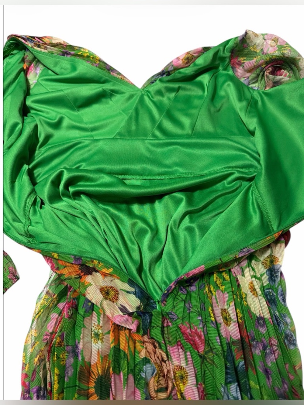 Betsy & Adam Sz 4  Floral Long Sleeve Cold Shoulder Pleated Gown Formal Green - Picture 10 of 15